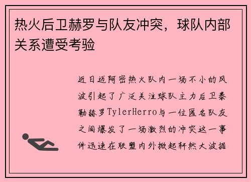 热火后卫赫罗与队友冲突，球队内部关系遭受考验